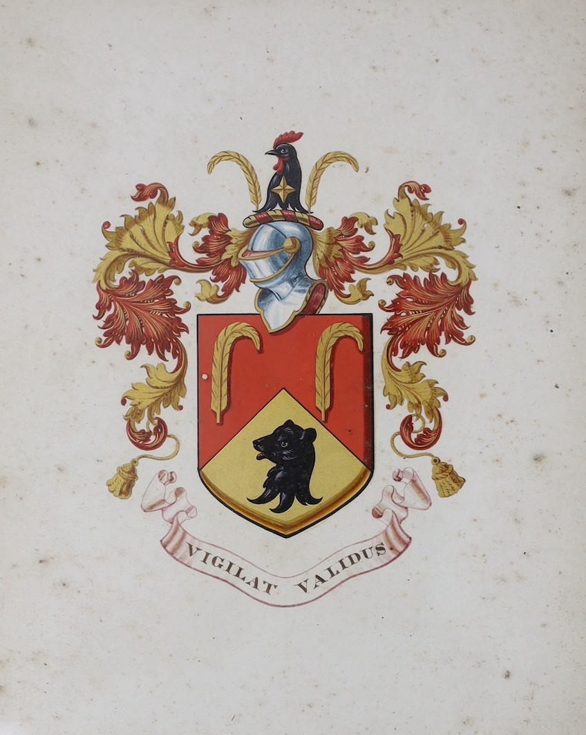 19th century English School, watercolour, View of a church, 12 x 17cm and an armorial illumination with motto 'Vigilat Validus', 23 x 18cm